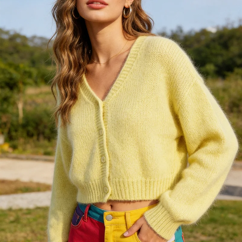 

Women's Light Yellow Mohair V-Neck Cardigan Button Down Loose Long Sleeves Knit Sweater Coat Casual Soft Warm Outerwear Jacket