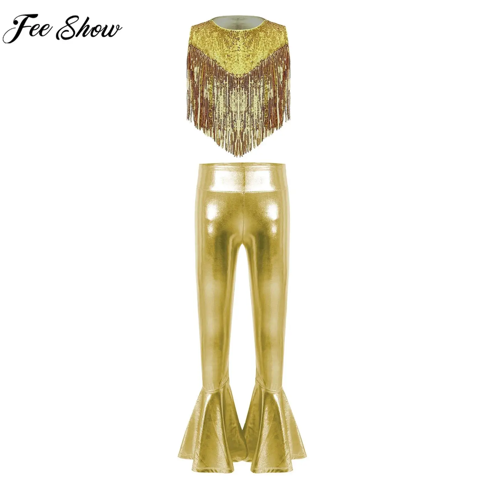 

Girls 70s Disco Costume Metallic Shiny Sequins Tassels Crop Tank Top with Bell-bottom Pants Halloween Hippie Dress Up Outfit
