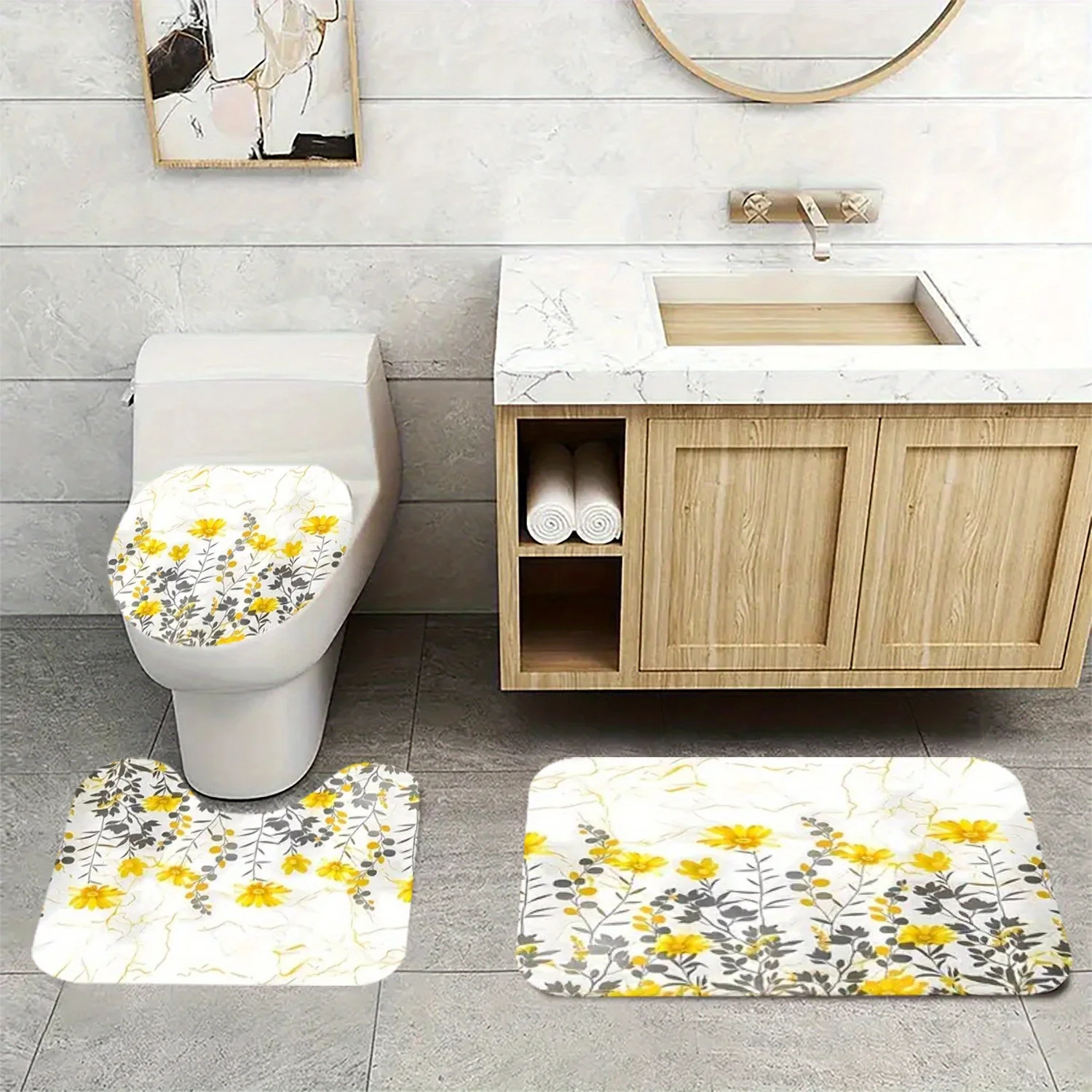 

Spring Floral Bathroom Rug Set of 3, Gold Floral Print - Non-Slip Bath Mat, U-Shaped Toilet Seat Cover and Seat Cover