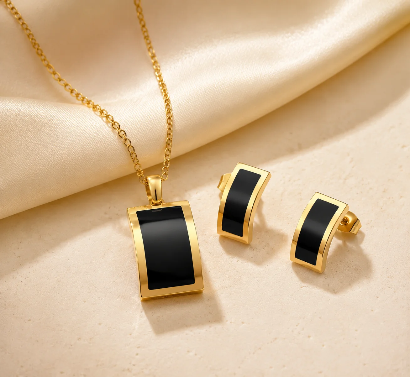 1Set Geometric Earring&Necklace Jewelry Set Minimalist Black Shell Pendant Necklace Earrings Stainless Steel Jewelry Set 2 Color