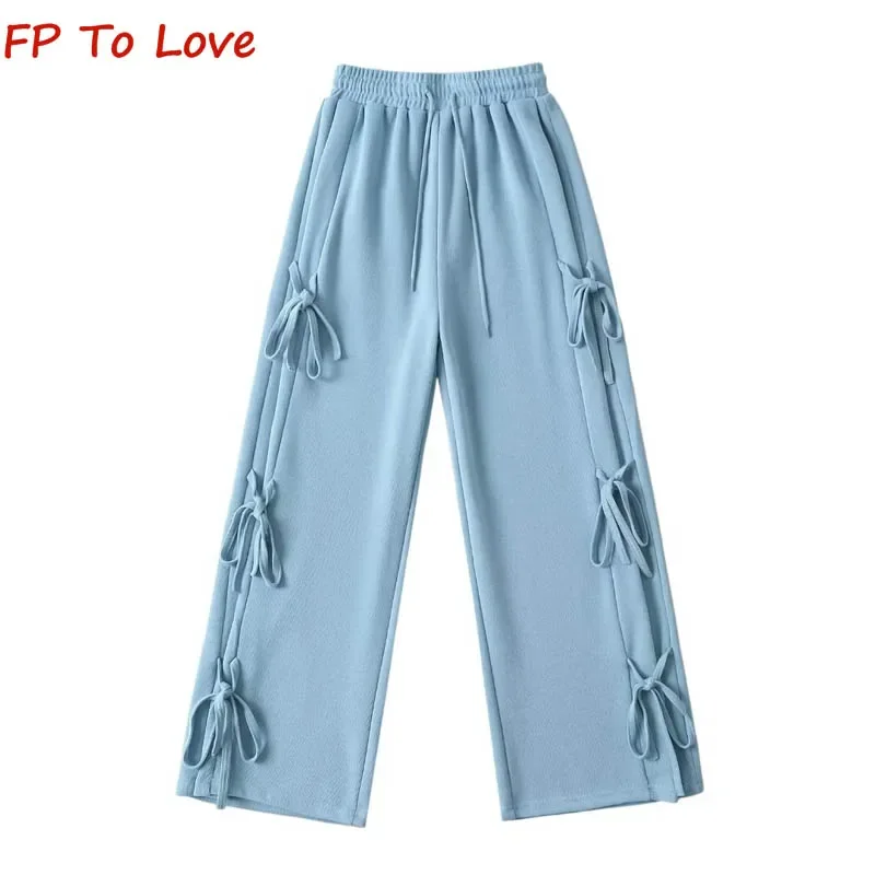 Y2K American Spice Side Tie Bowknot Sweatpants Women 2024 Spring Elastic Waist Pants Casual Pants