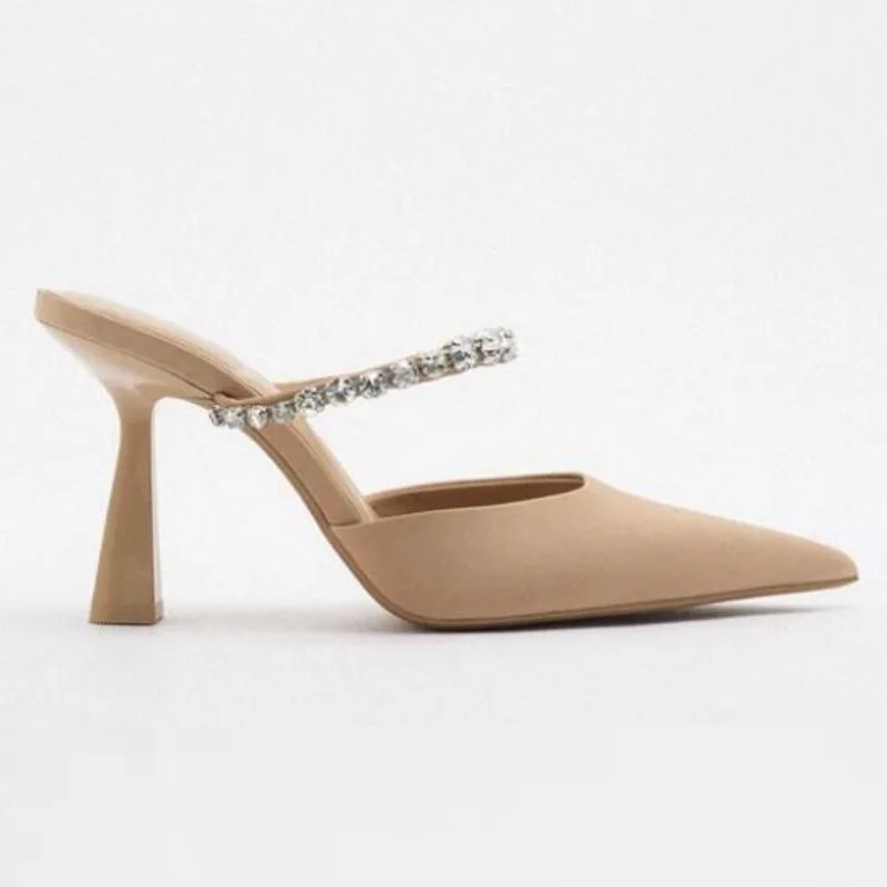 2024 Summer High Heeled Mules Shoes for Women Beige Black Suede Shiny Diamond Chain Sexy Pointed Toe Party Sandals Slingbacks