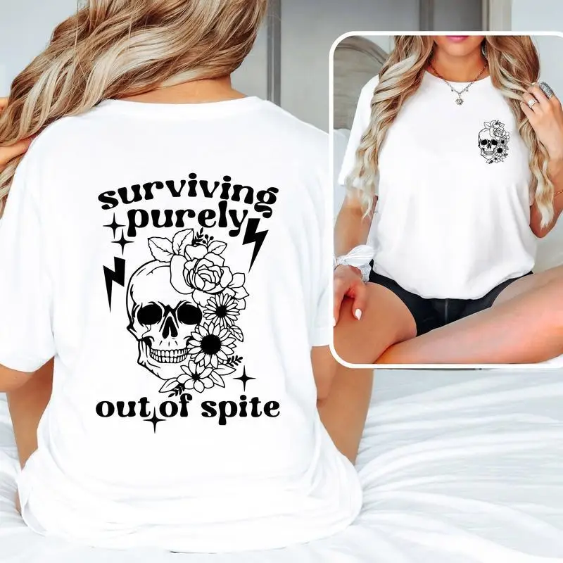 

"Surviving Out of Spite T-Shirt Skull Graphic Tee Funny Slogan Top Women's Punk Rock Streetwear"