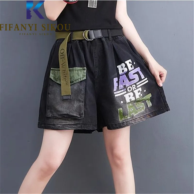 

Letter Print Denim Shorts Women Pocket Belt Fashion Loose Elastic Waist Wide Leg Shorts Summer Casual Washed Jeans Shorts Female