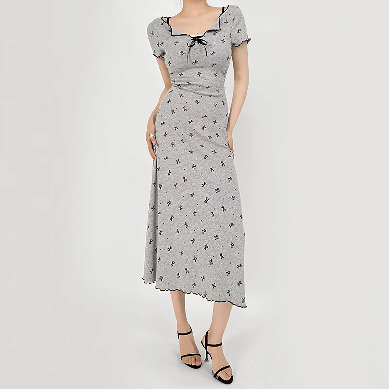 

Sexy Print Belted ort Sve Midi Dr Wooden Trim Breathable Polyester Blend Comfortable High Waist Summer Dr