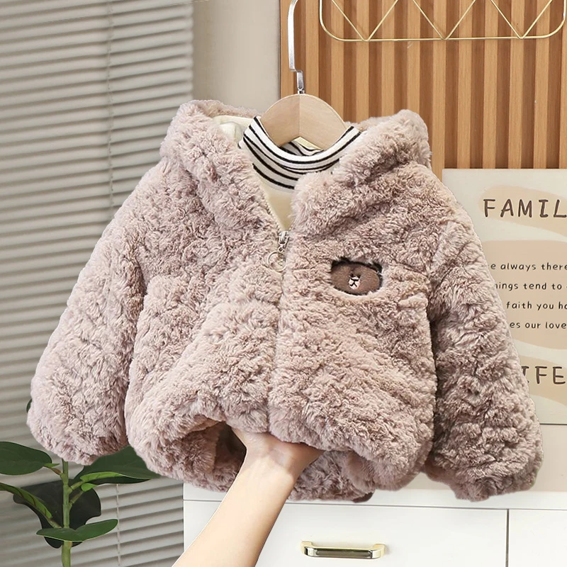 Winter Baby Girls Boys Cartoon Bear Warm Jacket Hooded Outerwear Children Thick Fleece Coat Cashmere Padded Jackets for Kids