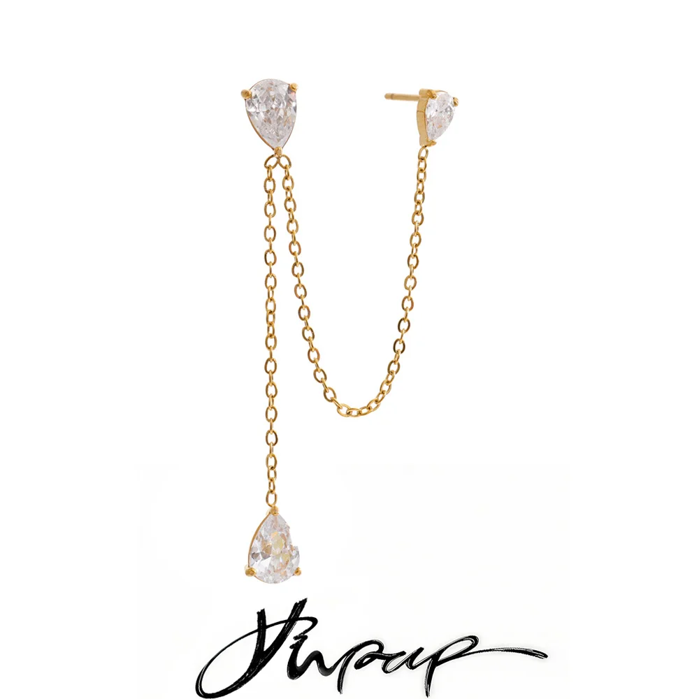 Yhpup 1PC Stainless Steel Cubic Zirconia Chain Drop Earrings High Quality Dainty Fashion Prom Jewelry Waterproofs