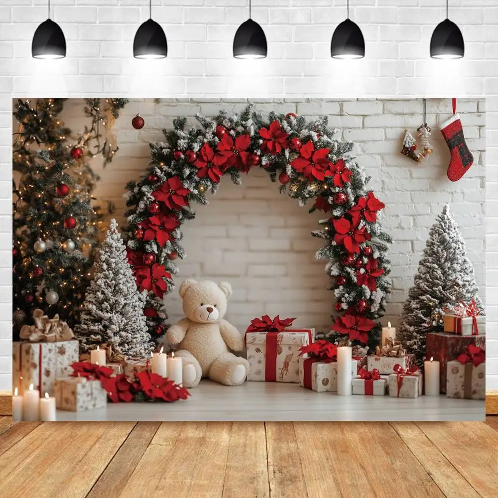 Winter Christmas Wedding Backgrounds For Photographs Arch Door Xmas Tree Toy Bear Kids Family Portrait Backdrop Photo Studio