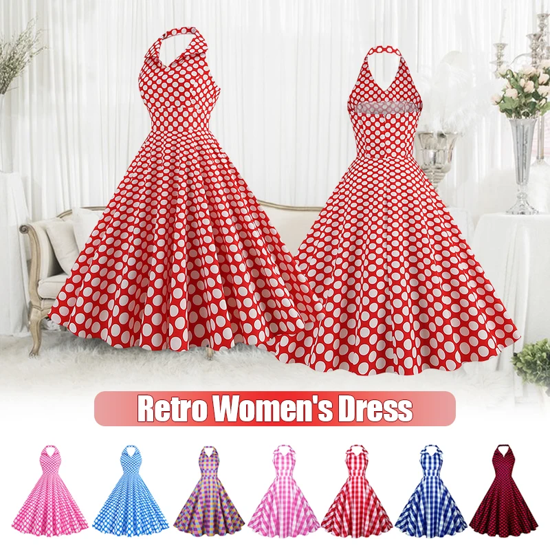 

Women Retro Summer Dresses 1950s 60s Rockabilly Polka Dot Bow Ball Grown Party Robe Elegant Big Swing Midi Dresses