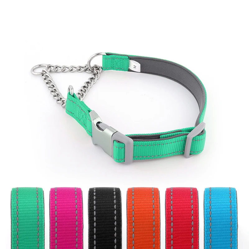 

P-Chain Stainless Steel Nylon Dog Training Collar Adjustable No Pull Reflective Heavy Duty Pet Collars Chapa Perro Personalizada