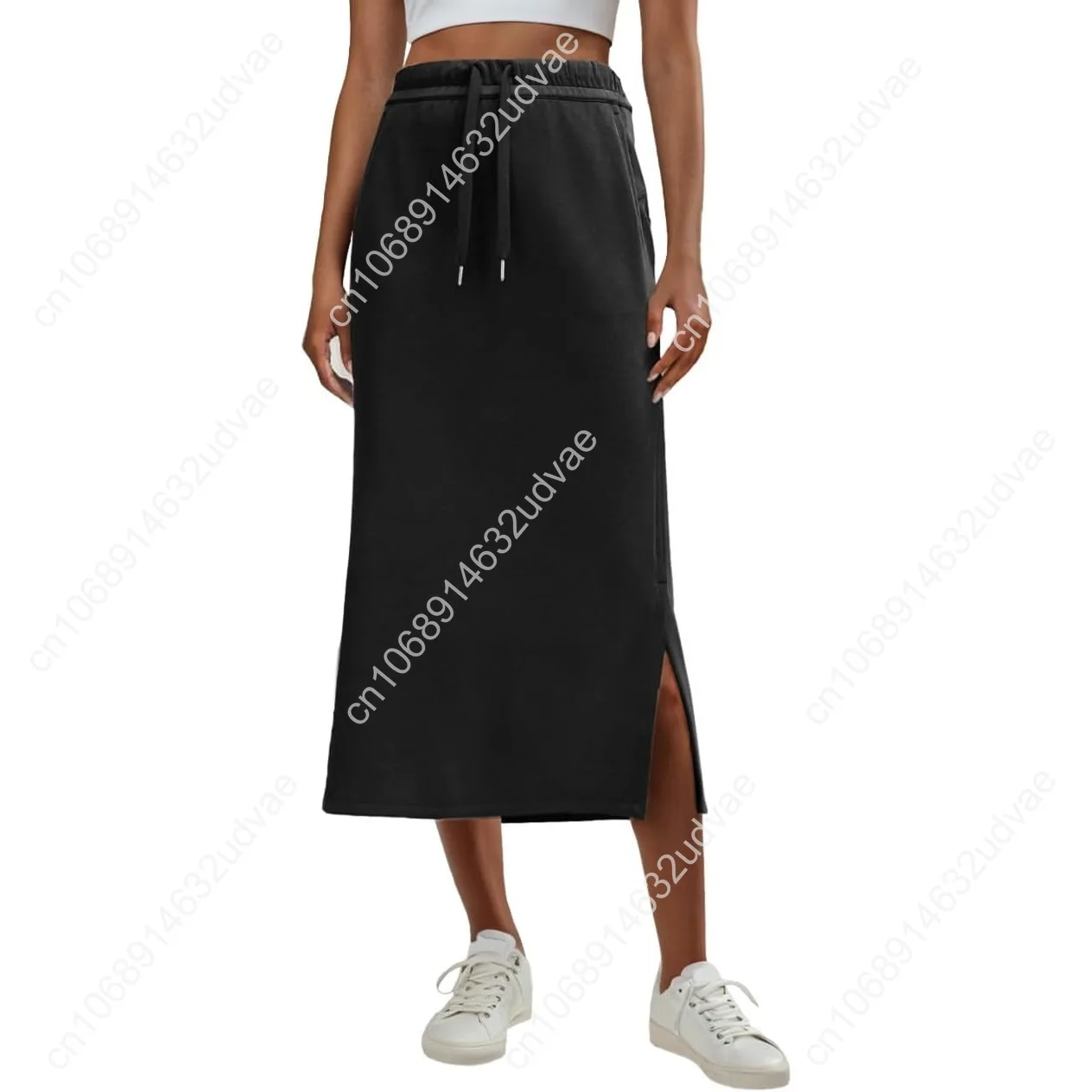 Lepunuo Casual Maxi Skirts for Womens High Waist Trendy Drawstring Side Slit Skirts with Pockets