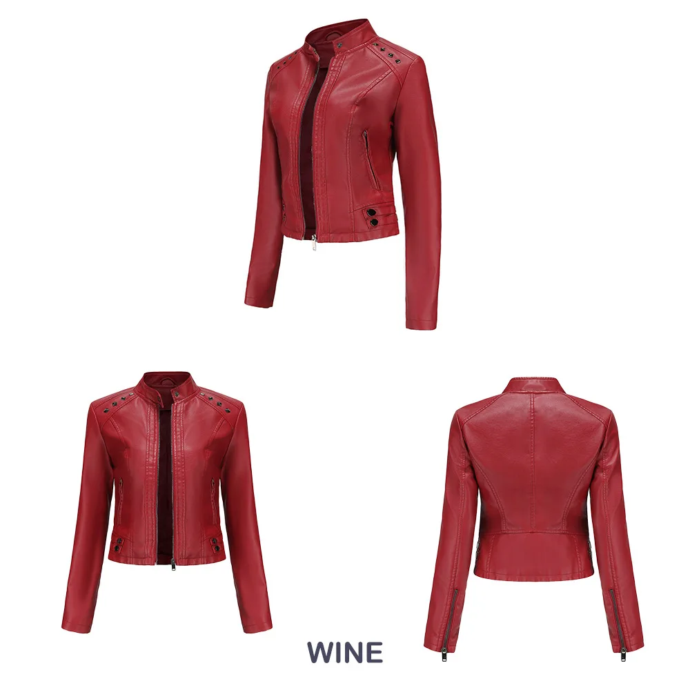 Women's Rivet PU zipper Leather Coat, Black Motorcycle Jacket, Standing Collar, Korean Punk Rock Fashion, Autumn and Winter