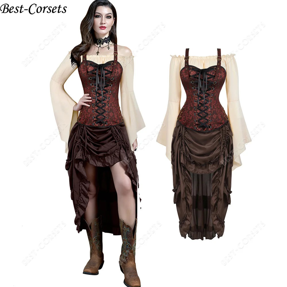 Sexy Pirate Corset Dress Skirt Plus Size Steampunk Corset Top Lace Up Off Shoulder Blouse Medieval Halloween Costume for Women