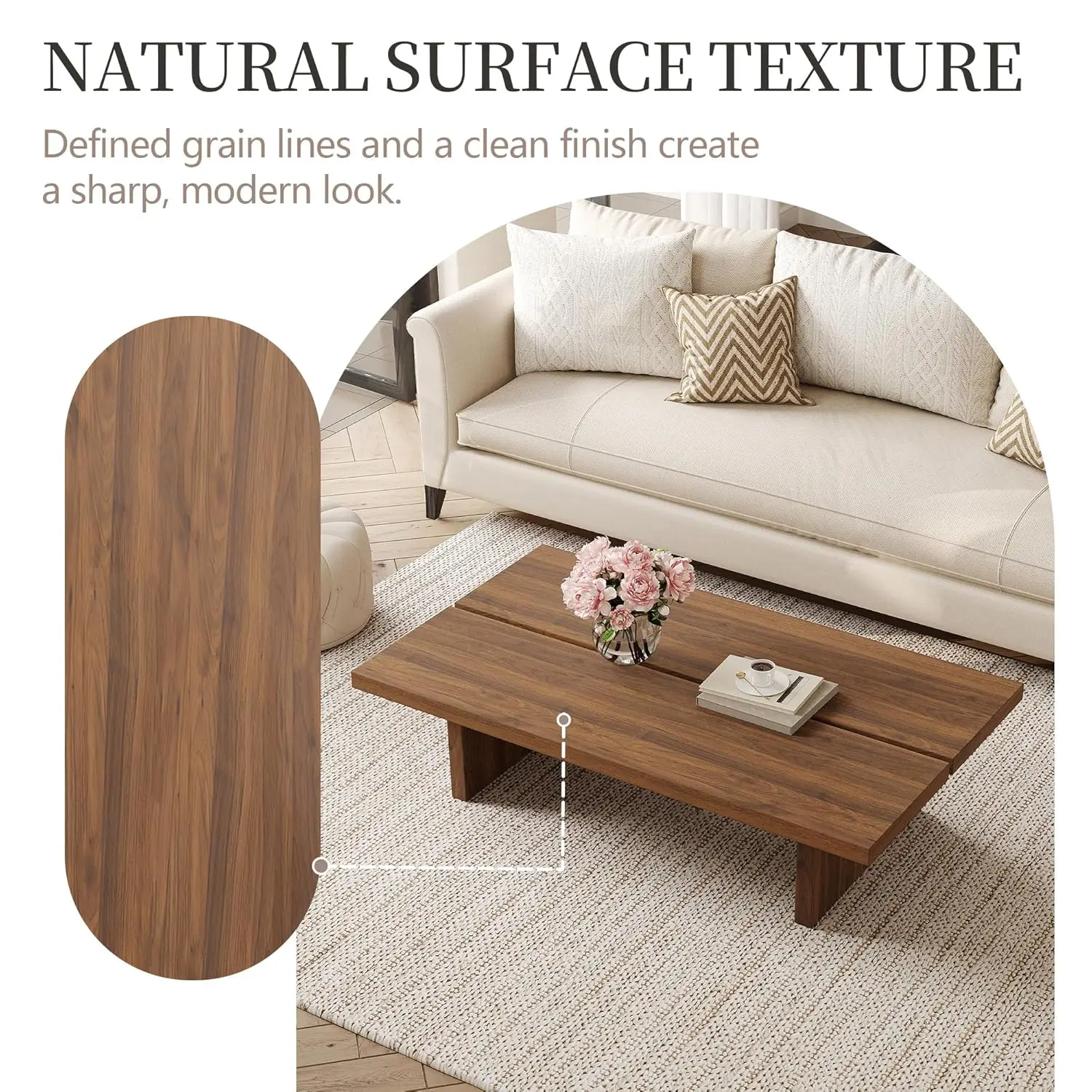 Modern Rectangle Coffee Table, Wood Living Room Table, Walnut Brown Japanese Tea Table For Home Office Apartment, 4