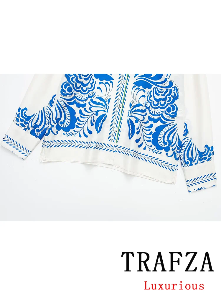 TRAFZA-conjunto feminino de camisa e calças compridas com peito único, estampa casual vintage, calça comprida solta, moda chique, básico na