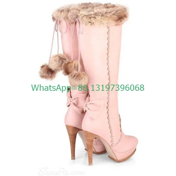 Lady bowtie fur design knee boots platform vintage color stiletto heel boots daily causal winter boots feather fur boots size 46