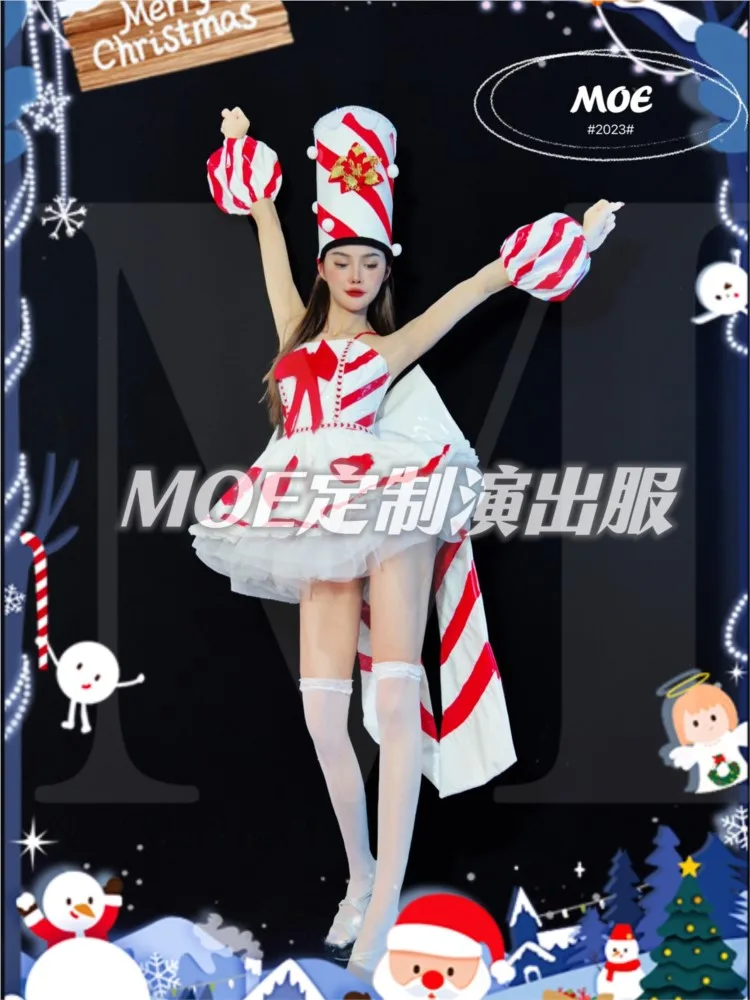 Christmas New Bar Gogo Performance Dress DS Nightclub Christmas Red and White Painted Leather Puff Love Skirt For Women