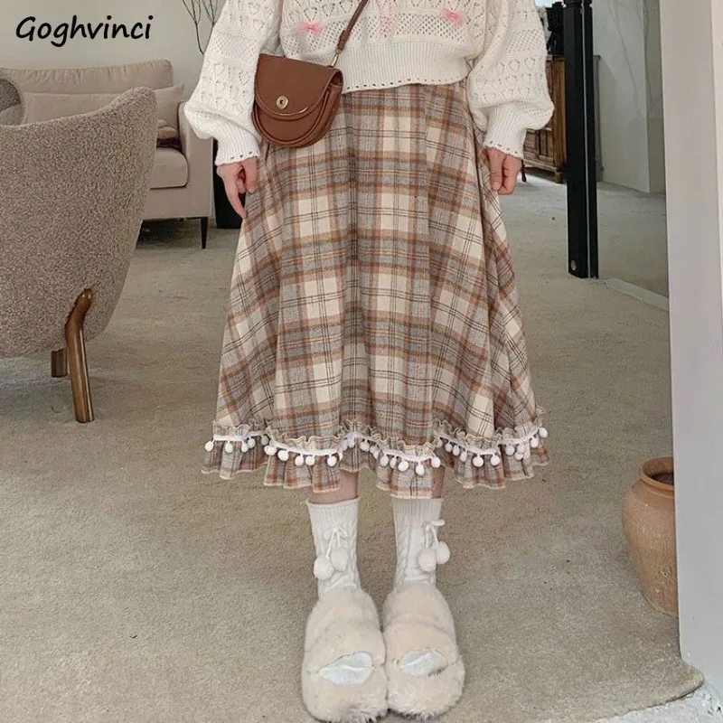 

Plaid Skirts Women High Waist Preppy Style All-match A-line Mid-length Vintage Baggy Casual Autumn Korean Fashion Students Ins