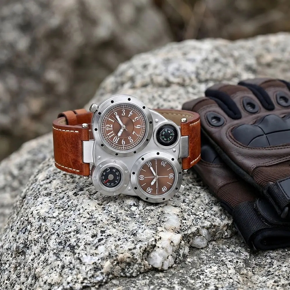 

Fashion PU Leather Strap Big Face Watches Leather Strap Large Dial Quartz Watch Luminous Compass Decoration Men's Watch Male