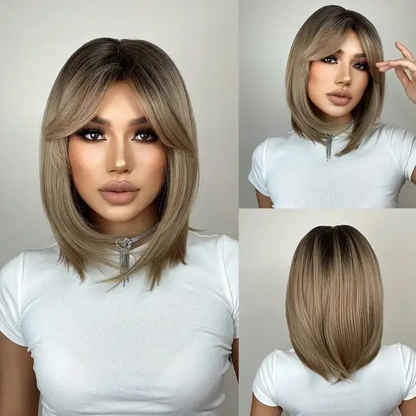 

Synthetic Wigs with Bangs Brown to Blonde Ombre Medium Length Straight Bob Wigs for Women High Temperature Daily Use Wig