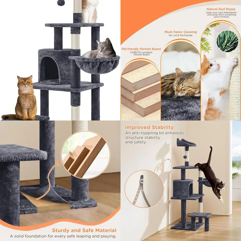 

Многоуровневая кошачья стойка 57 с расширенной площадкой, мягким сиденьем, стойками для когтеточков и игрушечным мячиком — игровой центр для крупных кошек (для использования в помещении)