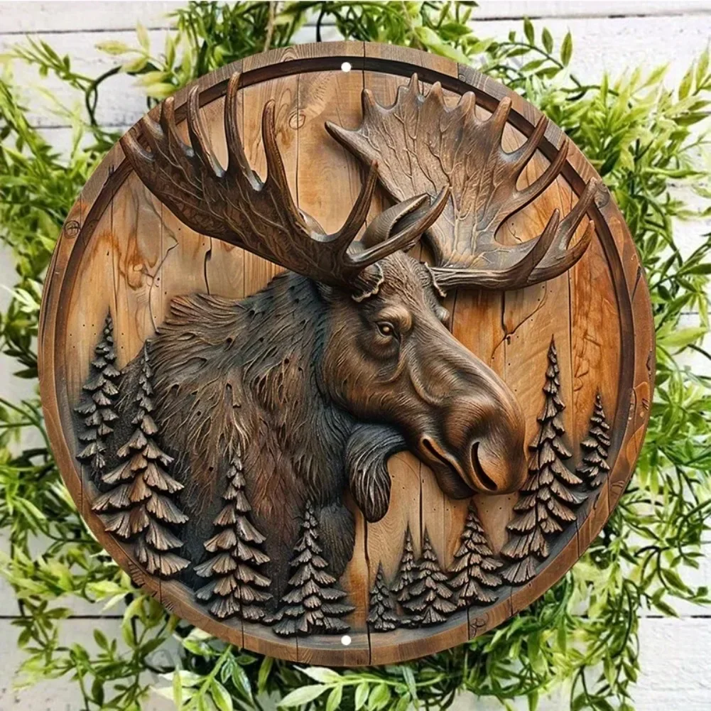 2D Rustic Wreath Circular Wall Decor 1pc - Moose & Pine Trees Wood Carving Design, Waterproof Aluminum Sign for Outdoor Use