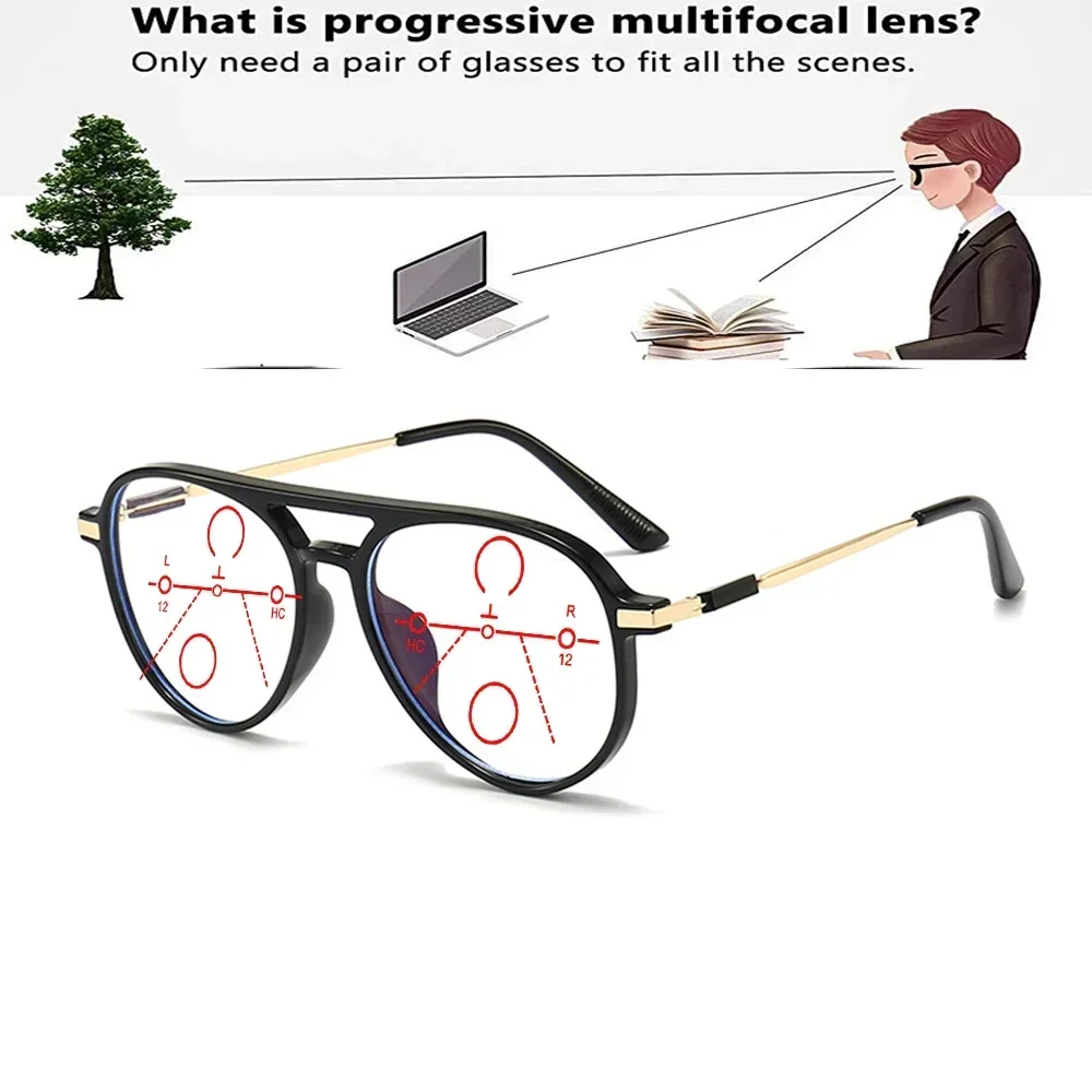 Clara Vida Fashion Oversized Pilot Frame Double Bridge Comfortable Progressive Multifocal Reading Glasses +0.75 To +4