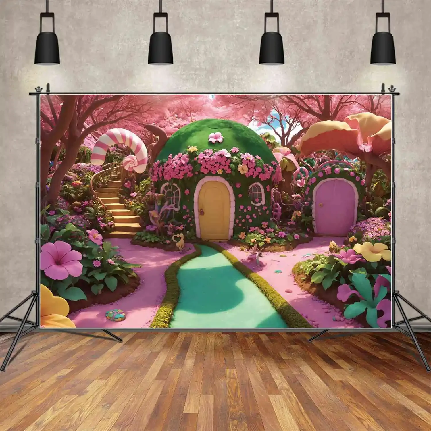 Mon.qg ฉากหลังถ่ายภาพในสวนดอกไม้ candyland สำหรับงานวันเกิดของเด็กทารกแคนดี้บาร์อุปกรณ์ประกอบฉากสำหรับถ่ายภาพ