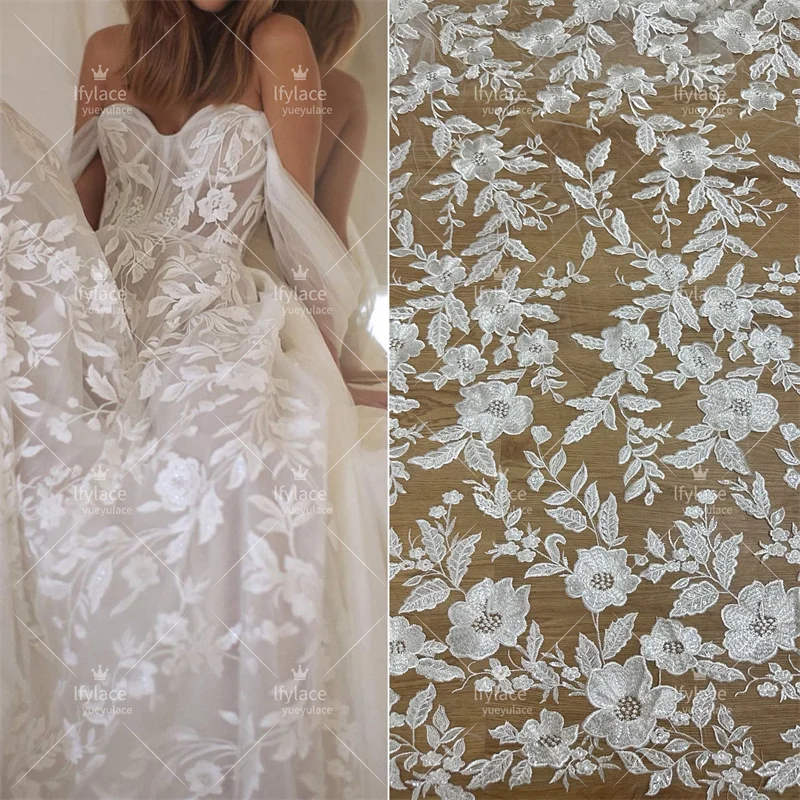 New Style Flora Off White Embroidery Tulle Mesh French Wedding Dress Lace Fabric Sell By One Yard