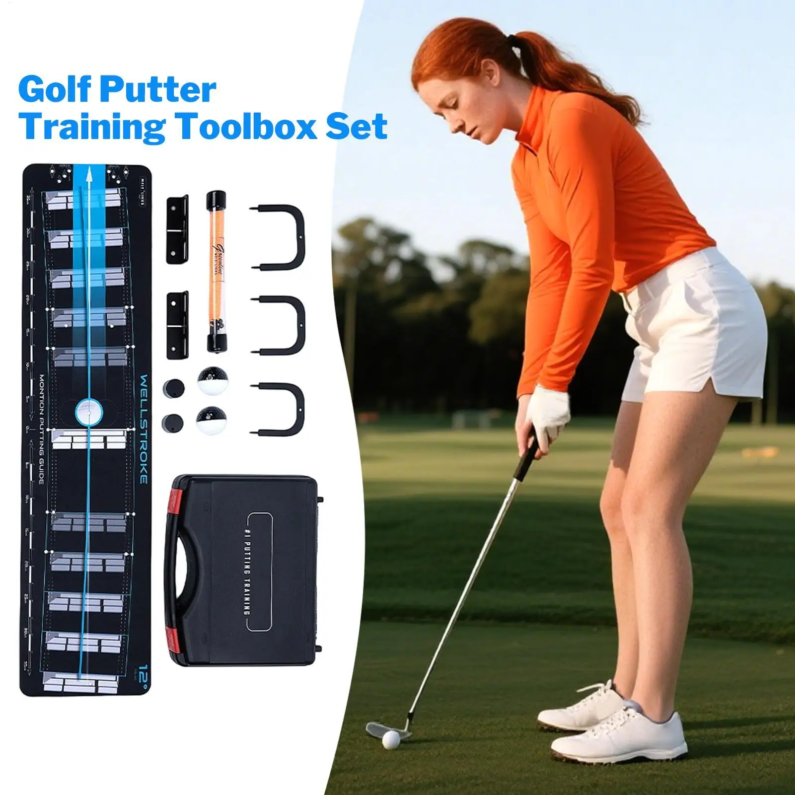 Golf Putting Green Mat With Putting Rope And Putting Gate & 2 Ball Golf Putting Training Track Mat Putter Angle Correction Tool