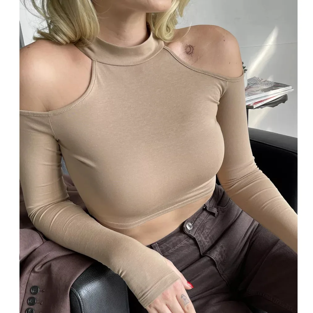 

Короткая Утболка Long Sleeved Off Shoulder T-Shirt For Women, Ultra Short And Spicy Girl Top