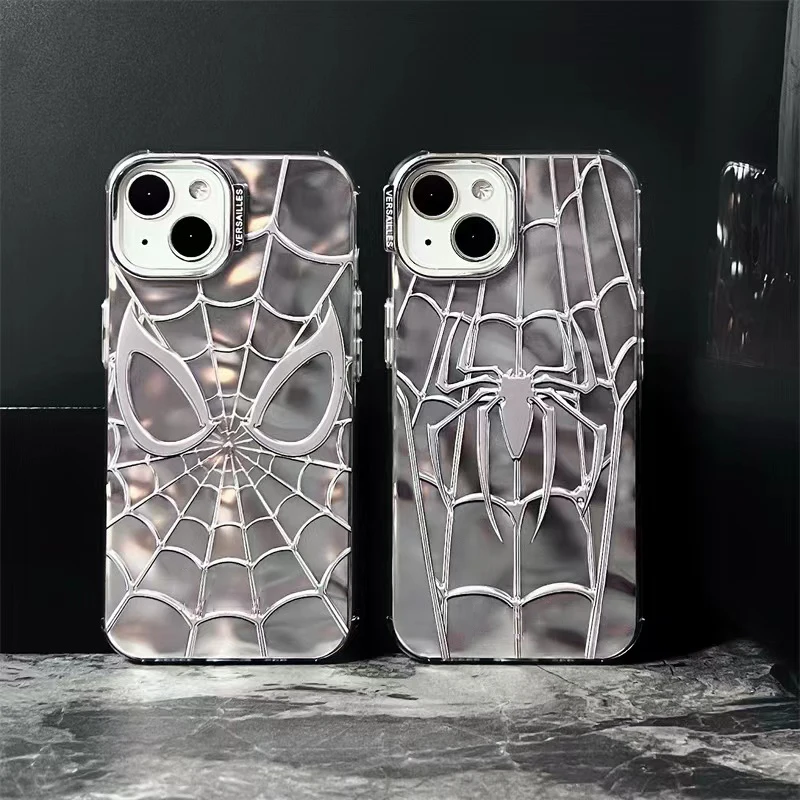 Luxury Spider 3D Silver Phone Case For iPhone 13 14 15 Pro Promax For iPhone Soft Shell Tide Cartoon Electroplated Cover