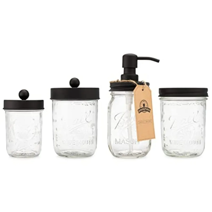 

Набор для ванной Jarmazing Products Ball Mason Jar, 4 предмета: черный дозатор для лосьона и мыла, держатель для зубных щеток, баночки для хранения ватных палочек, в стиле фермерский дом