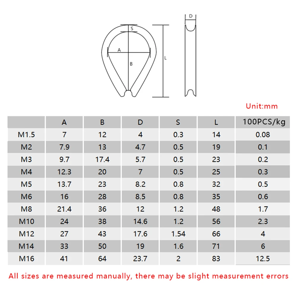M2 M3 M4 M5-M6-M8-M10 304 Stainless Steel Cable Wire Rope Protective Sleeve Chicke Riggingn Heart Ring Fixing Workpiece
