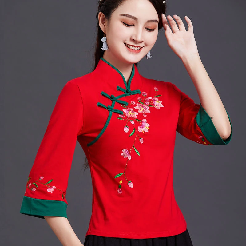 Ethnic Style Embroidered Shirt Qipao Cheongsam Tops Traditional Chinese Clothing For Women Fashion Bracelet Sleeve Hanfu Modern