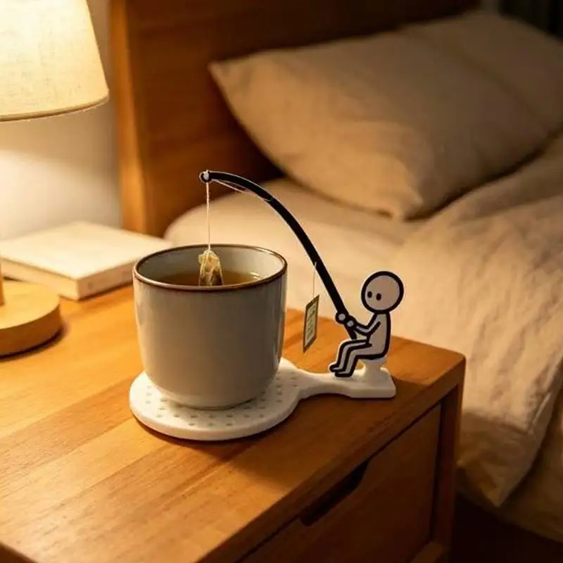 【HG】1Set Creative And Fun Little Man Fishing Coaster Tea Bag Holder With Stretchable Teacup Clip Control Interest Drinking Tool