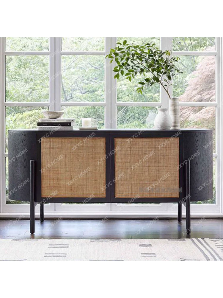 Simple Solid Wood Rattan Tea Sideboard Vintage Living Room Entrance Decorative Table Storage Shoe Cabinet