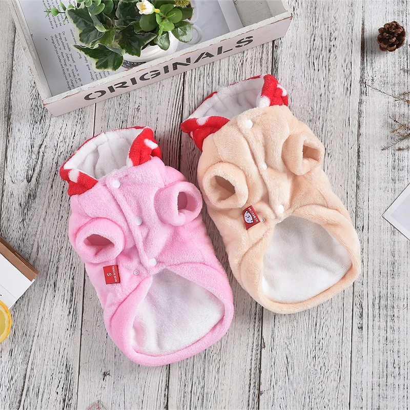 Pet Strawberry with Hat Two Feet Autumn Winter Coat Small and Medium-sized Dog Teddy Dog Plush Hooded Sweatshirt Dog Clothes