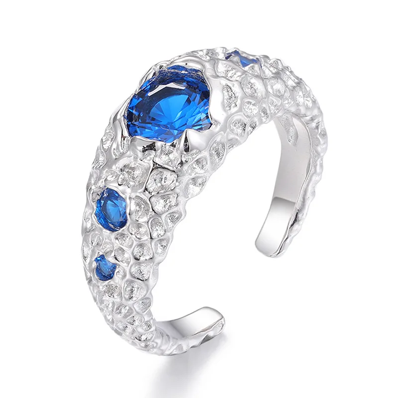 S925 Sterling Silver Irregular Lava Texture Finger Rings for Women Men Adjustable Size Purple CZ Wedding Ring Charm Jewelry