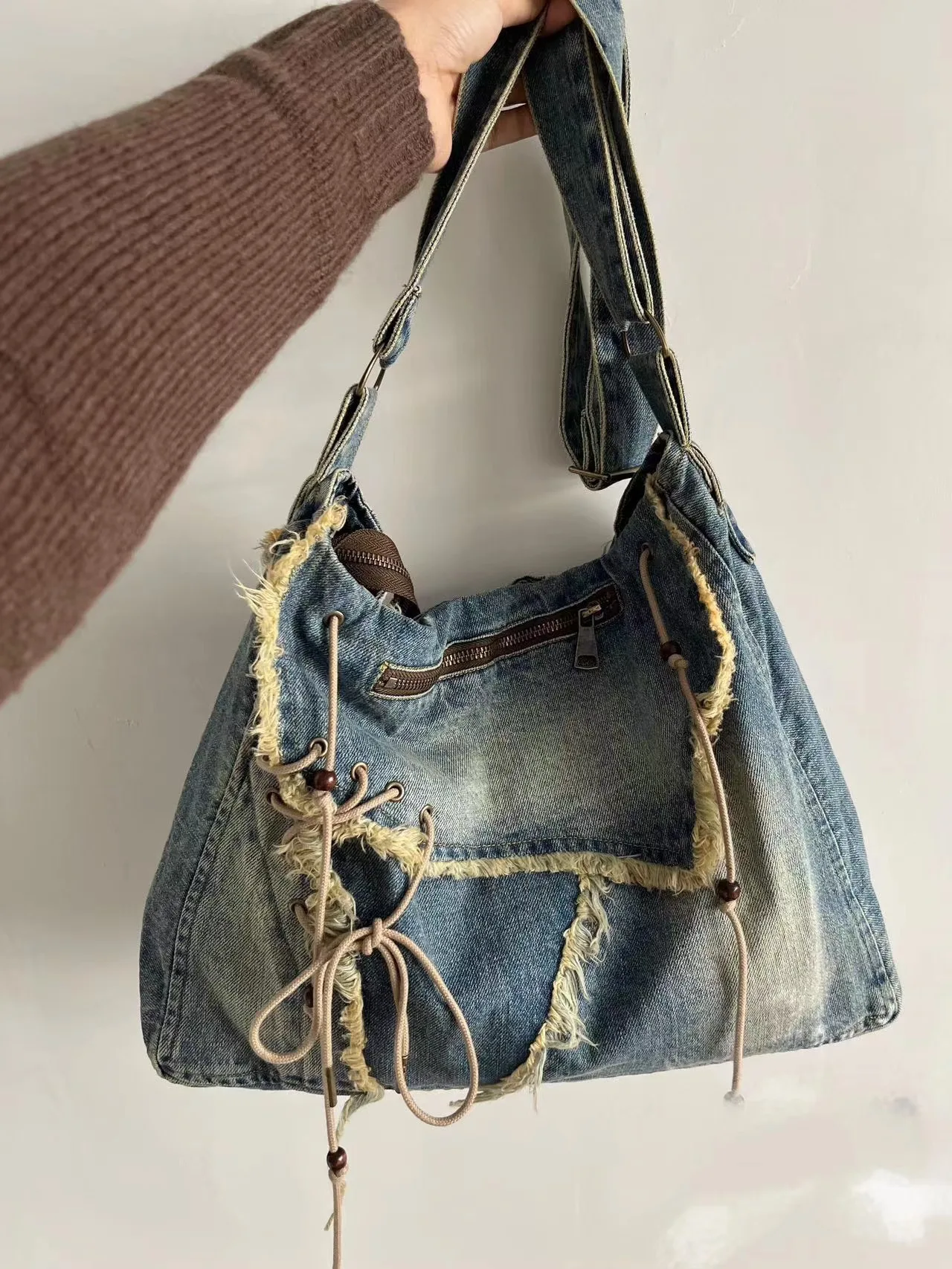 Dżinsy ze spranego dżinsu Casual Totes dla kobiet Torby na ramię Miękkie studenckie torby na zakupy o dużej pojemności Vintage Torebki damskie