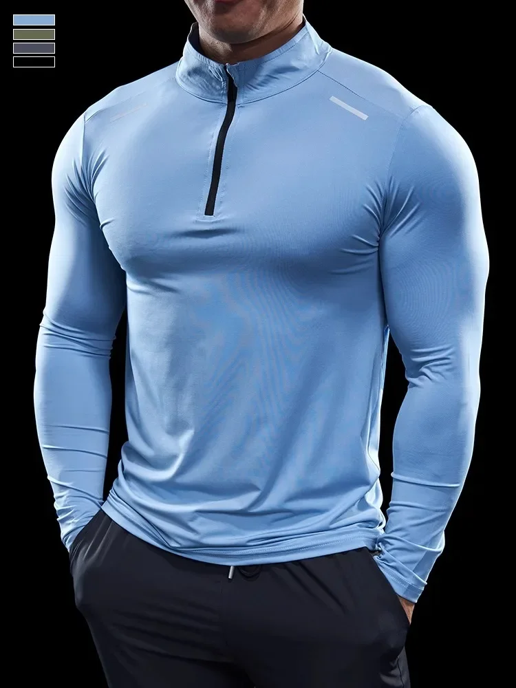 Men Stand Collar Zipper T-shirt Gym Running Training Fitness Bodybuilding Sport Top Quality Elastic Long Sleeve Tight Tops Tees