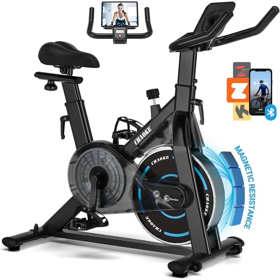 Bicicleta estática, bicicleta estacionaria magnética ajustable silenciosa para cardio doméstico con aplicación Compatible, capacidad de peso de 350LB, ciclismo interior