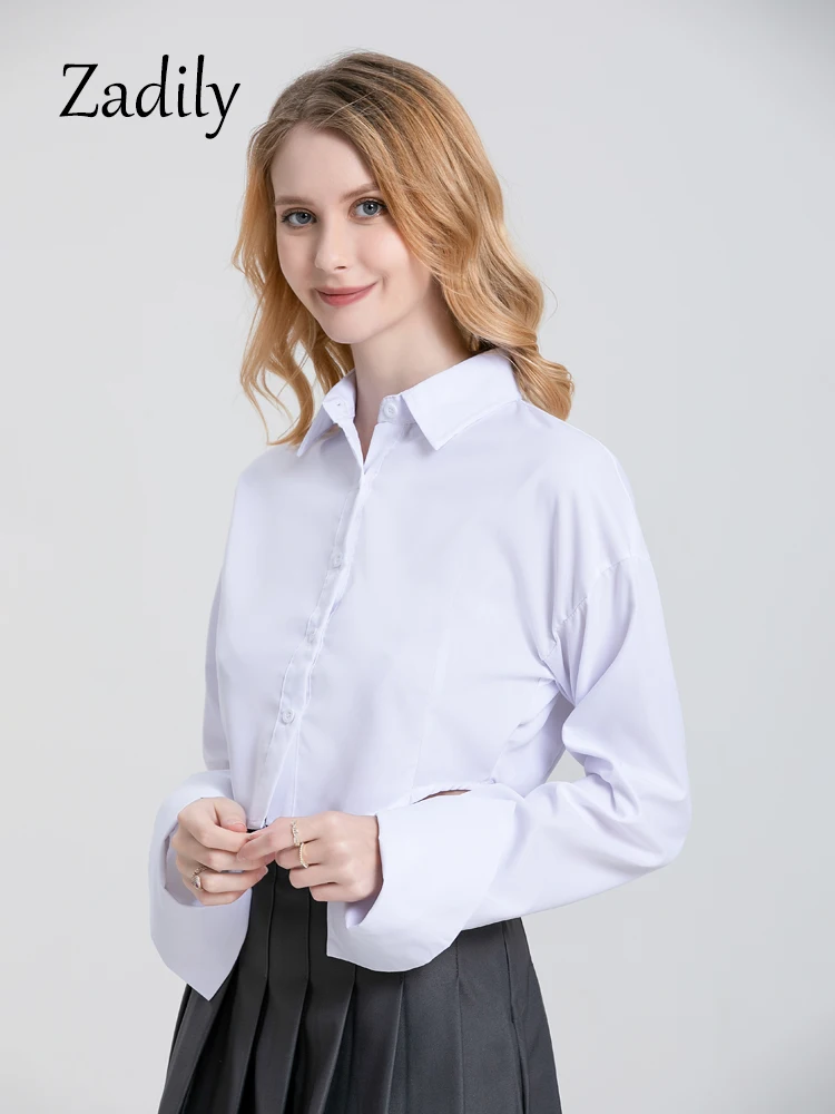 Zadily 2024 Spring Casual Long Sleeve Women White Short Shirt Minimalist Button Up Ladies Crop Tops Female Blouse Clothing