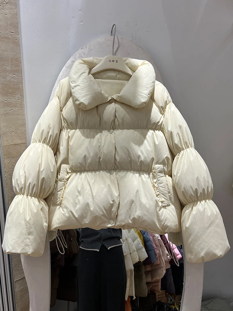 가을 겨울 신상 캔디 컬러 라펠 칼라 다운 재킷 여성용 달콤하고 귀여운 두꺼운 화이트 덕 다운 따뜻한 코트
