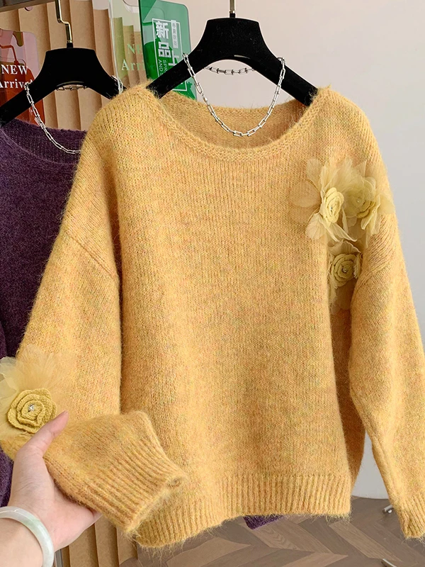 المرأة طويلة Sve محبوك سترة ثلاثية الأبعاد زهرة التطريز فضفاضة تناسب العلوي Sle الخريف الشتاء Faion بلوزة صوفية غير رسمية