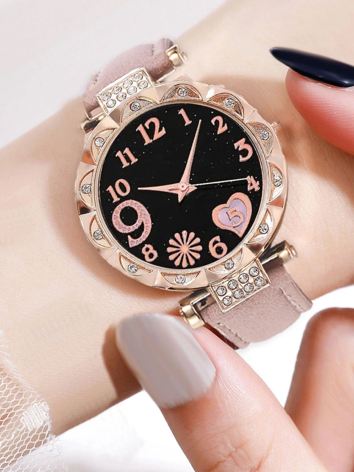 6PCS Women\'s Fashion Quartz Watch Luxury Pink Leather Band Analog WristWatch Ladies Watch Women Dress Bracelet Set  Clock