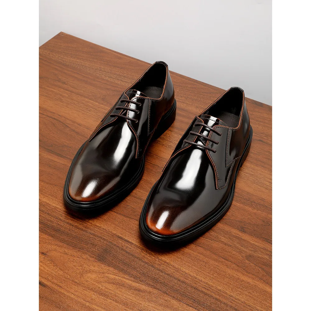 Men's British Pointed Toe Formal Leather Shoes Breathable Genuine Leather Polished Derby Shoes for Commuting Wedding Groom