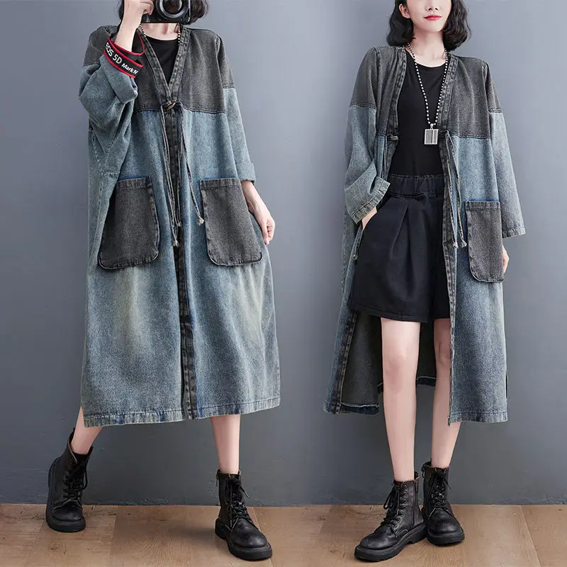 

Vintage Washed Denim Jacket Women's Autumn Loose Large Size Contrast Color Stitching Pocket Casual Long Windbreaker Coat T433