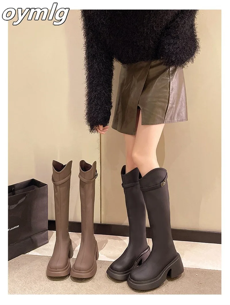 Skinny V-neck knight boots for women 2024, thick and knee length boots, autumn thick soled elastic slim boots