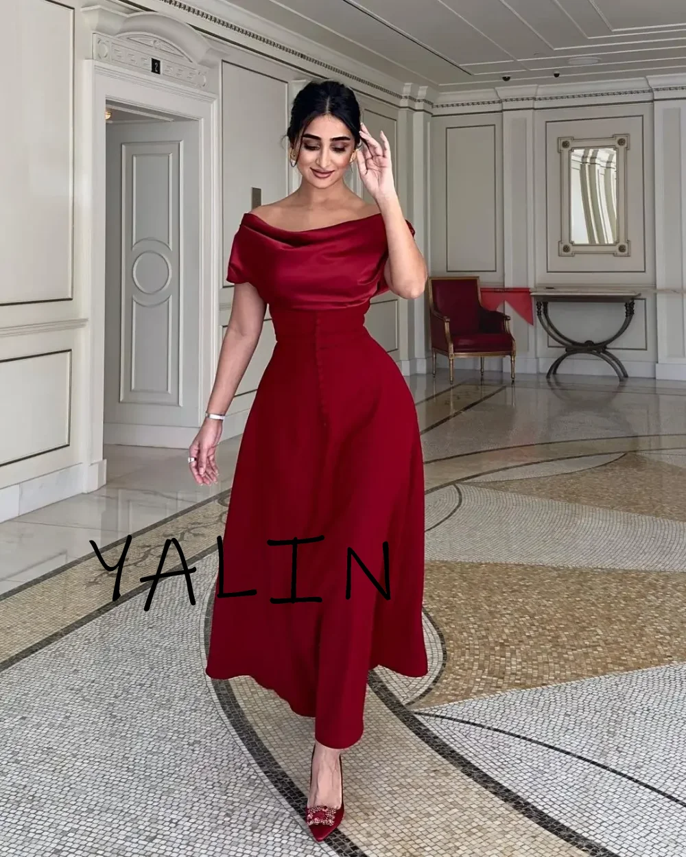 Yipeisha Fashion Prom Dresses Off The Shoulder Pleated Sleeveless Evening Dresses Saudi Arabia Ankle Length Wedding Party Gowns